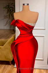 Sexy Red Mermaid Long Semi Formal Prom Dress With Beads Ruffles
